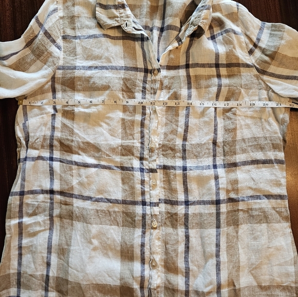 Zanetti Womens Cream Tan Blue Plaid Long Roll Tab Sleeve Linen Blouse Size XXXL - Picture 6 of 12